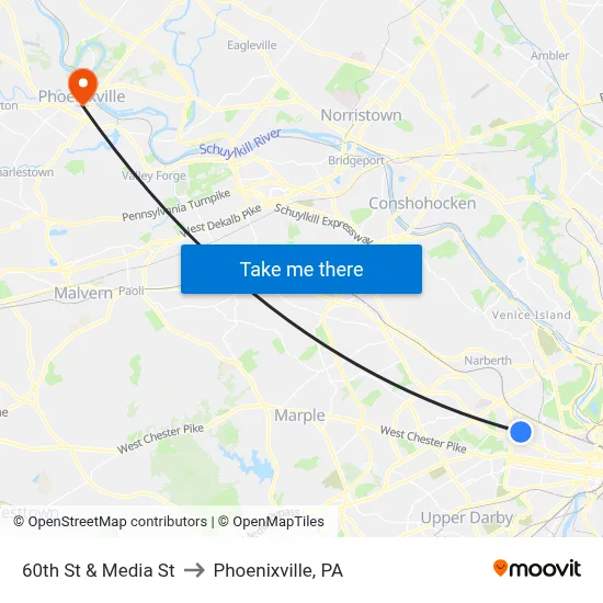 60th St & Media St to Phoenixville, PA map