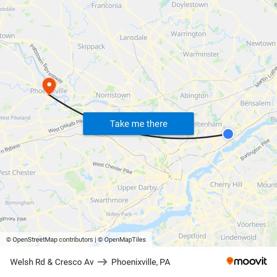 Welsh Rd & Cresco Av to Phoenixville, PA map