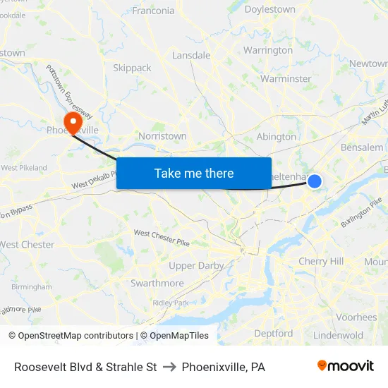 Roosevelt Blvd & Strahle St to Phoenixville, PA map