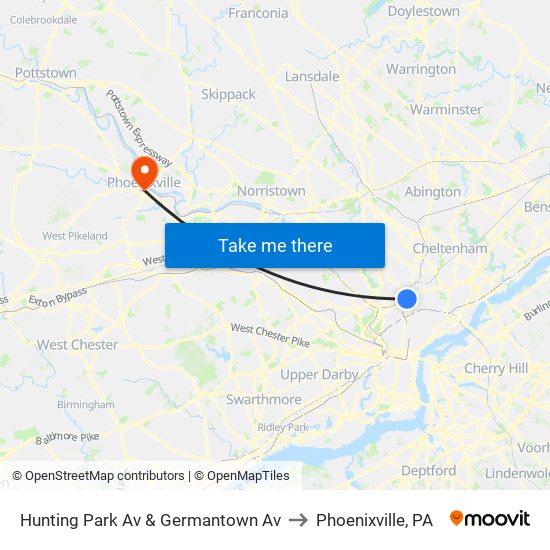 Hunting Park Av & Germantown Av to Phoenixville, PA map