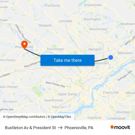 Bustleton Av & President St to Phoenixville, PA map