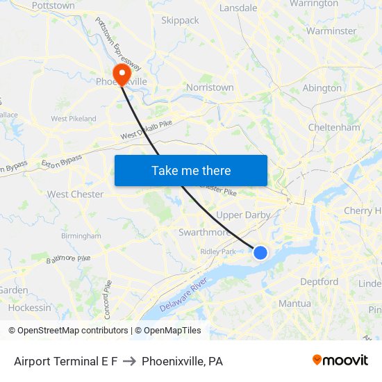 Airport Terminal E F to Phoenixville, PA map