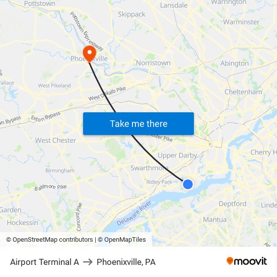 Airport Terminal A to Phoenixville, PA map