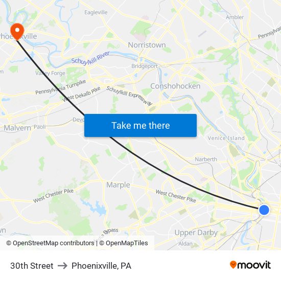 30th Street to Phoenixville, PA map