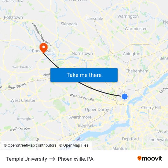 Temple University to Phoenixville, PA map