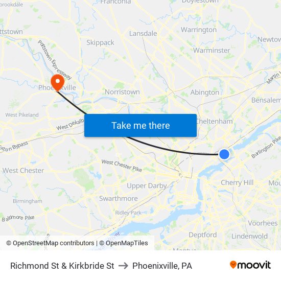 Richmond St & Kirkbride St to Phoenixville, PA map