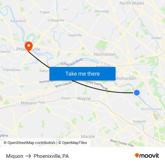 Miquon to Phoenixville, PA map