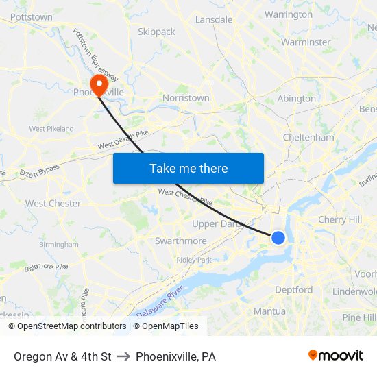 Oregon Av & 4th St to Phoenixville, PA map