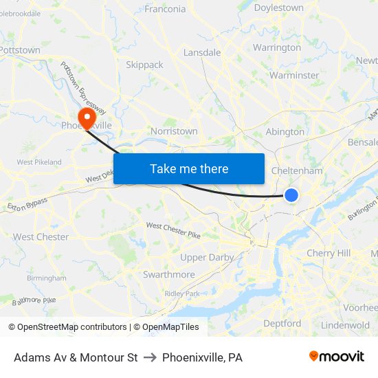 Adams Av & Montour St to Phoenixville, PA map