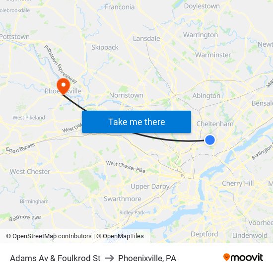 Adams Av & Foulkrod St to Phoenixville, PA map
