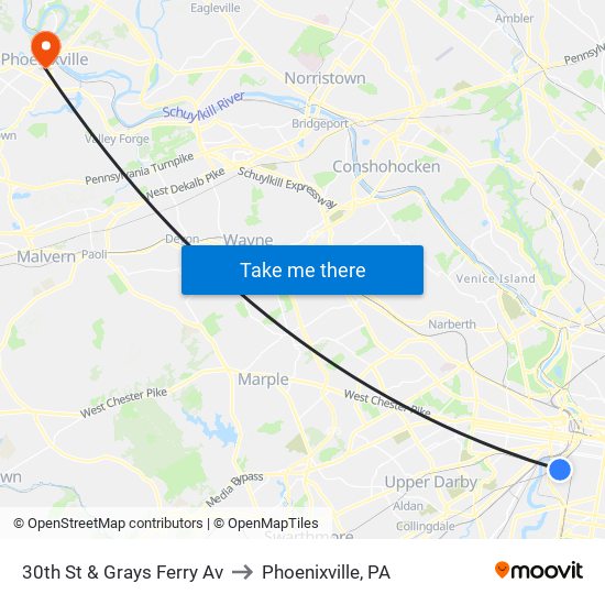 30th St & Grays Ferry Av to Phoenixville, PA map