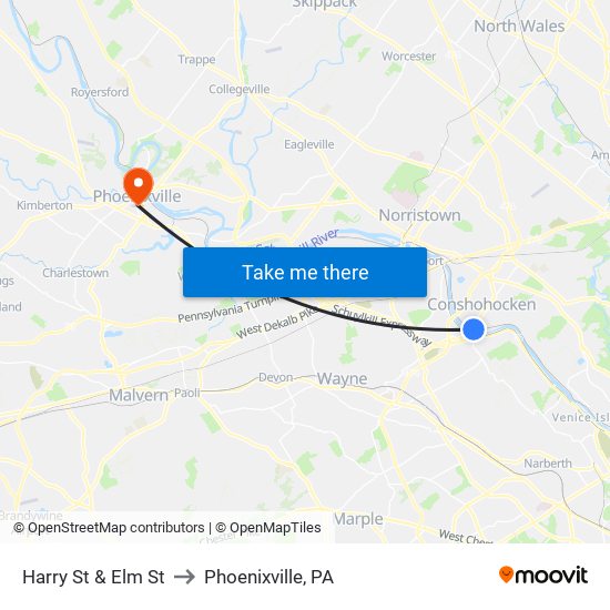 Harry St & Elm St to Phoenixville, PA map