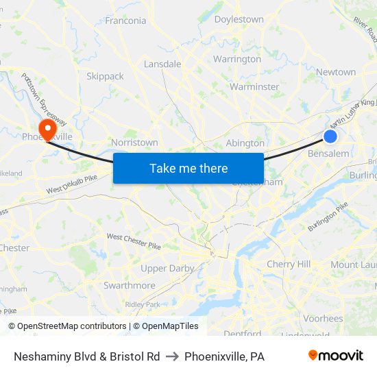 Neshaminy Blvd & Bristol Rd to Phoenixville, PA map