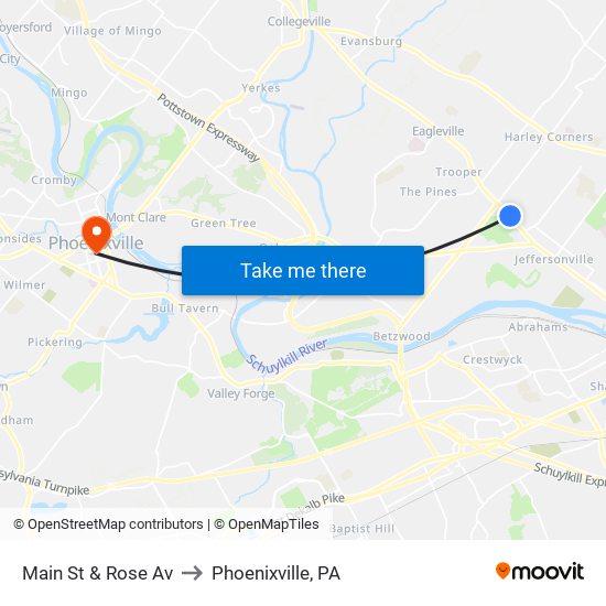 Main St & Rose Av to Phoenixville, PA map