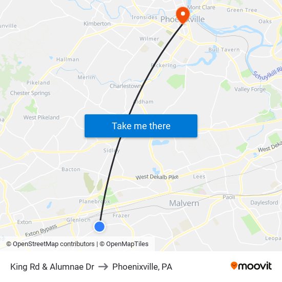 King Rd & Alumnae Dr to Phoenixville, PA map