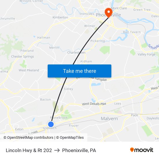 Lincoln Hwy & Rt 202 to Phoenixville, PA map