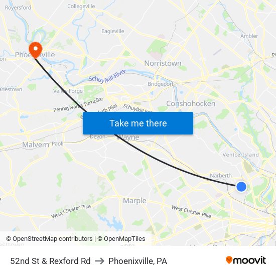 52nd St & Rexford Rd to Phoenixville, PA map
