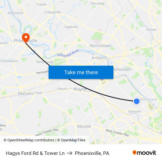 Hagys Ford Rd & Tower Ln to Phoenixville, PA map