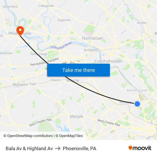 Bala Av & Highland Av to Phoenixville, PA map