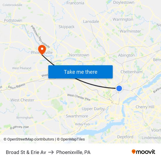 Broad St & Erie Av to Phoenixville, PA map