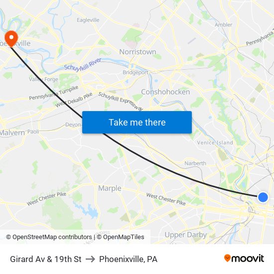 Girard Av & 19th St to Phoenixville, PA map
