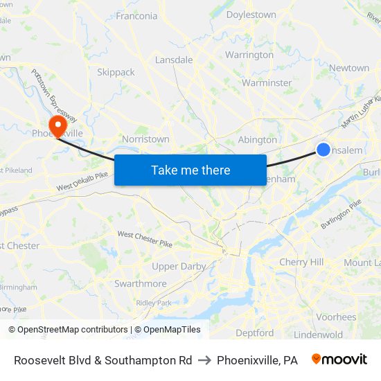 Roosevelt Blvd & Southampton Rd to Phoenixville, PA map