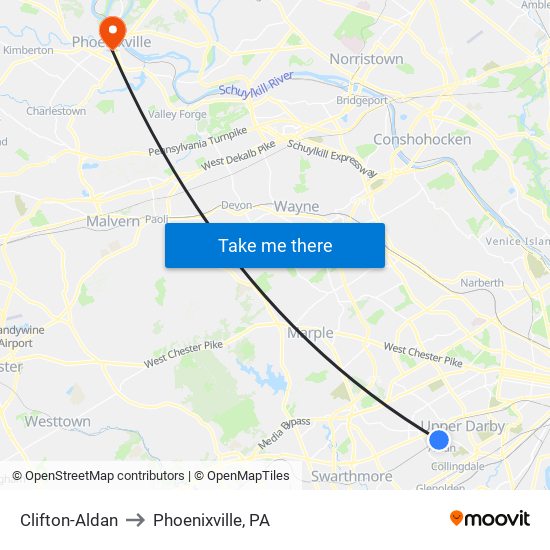 Clifton-Aldan to Phoenixville, PA map