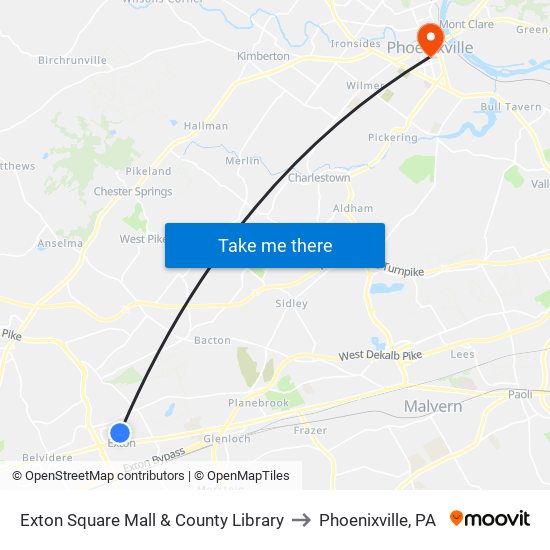 Exton Square Mall & County Library to Phoenixville, PA map