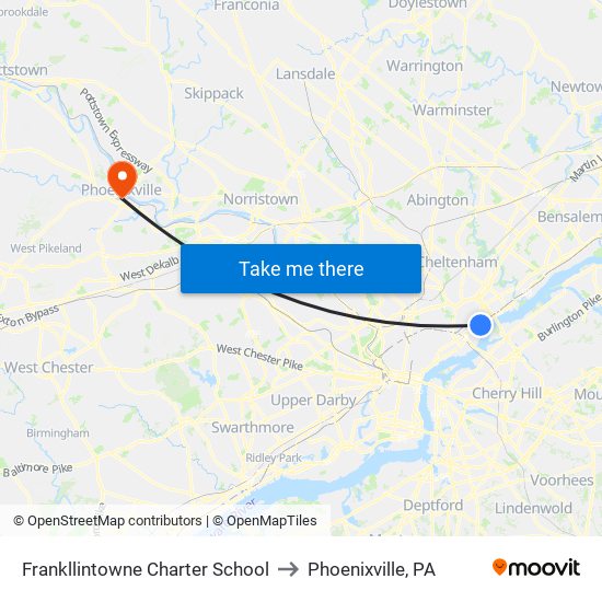 Frankllintowne Charter School to Phoenixville, PA map