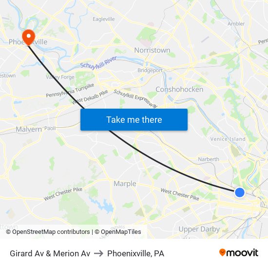 Girard Av & Merion Av to Phoenixville, PA map