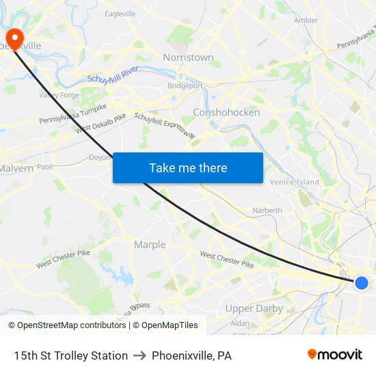 15th St Trolley Station to Phoenixville, PA map
