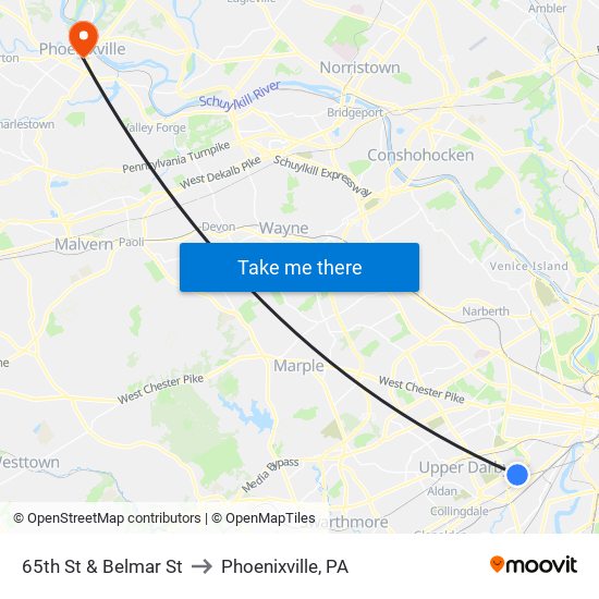 65th St & Belmar St to Phoenixville, PA map