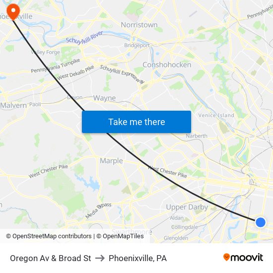 Oregon Av & Broad St to Phoenixville, PA map