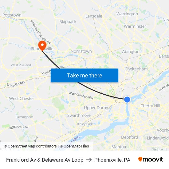 Frankford Av & Delaware Av Loop to Phoenixville, PA map