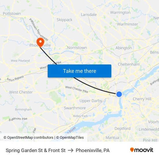 Spring Garden St & Front St to Phoenixville, PA map