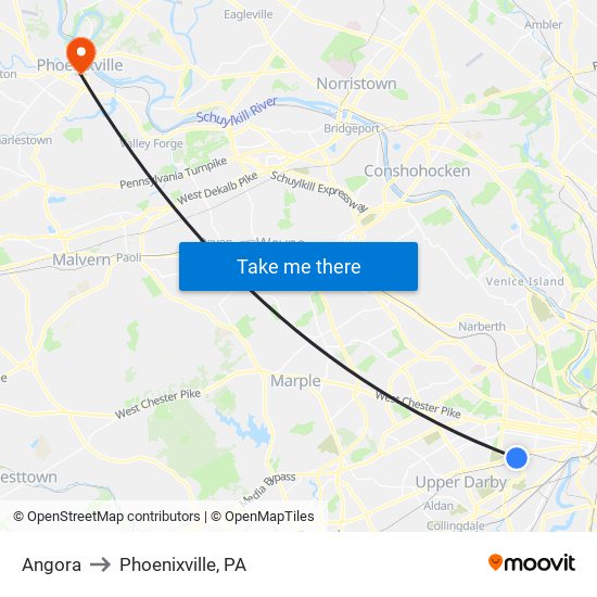 Angora to Phoenixville, PA map