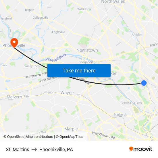 St. Martins to Phoenixville, PA map