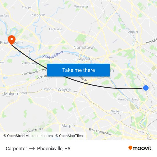 Carpenter to Phoenixville, PA map