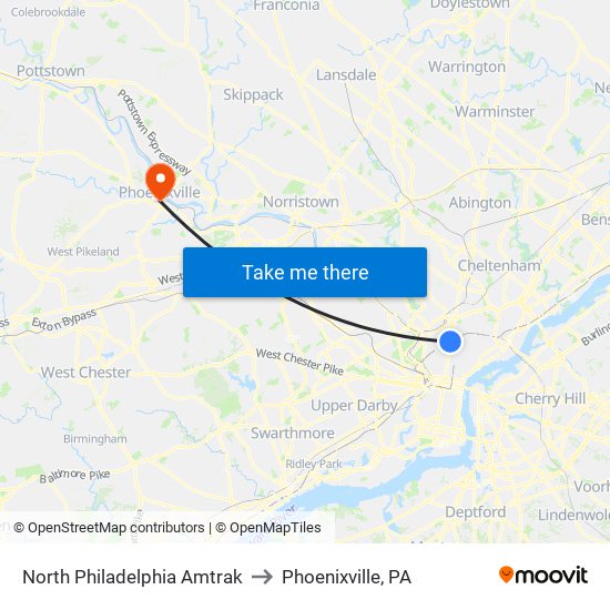 North Philadelphia Amtrak to Phoenixville, PA map