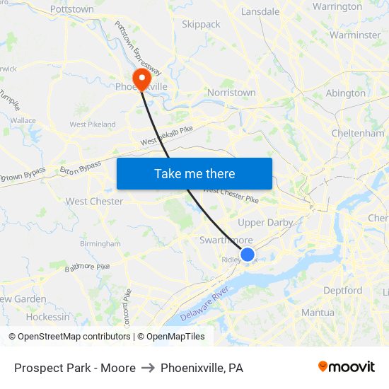 Prospect Park - Moore to Phoenixville, PA map