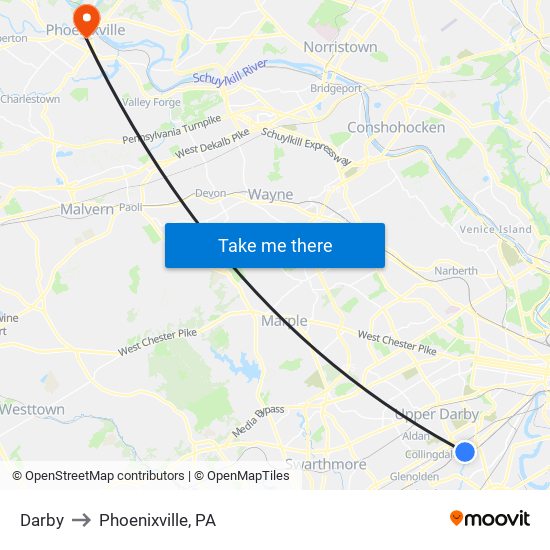 Darby to Phoenixville, PA map