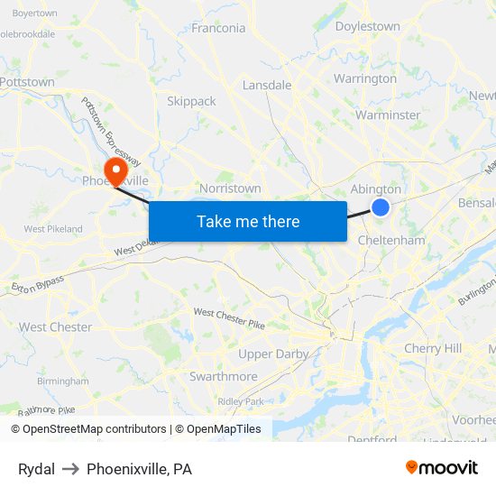 Rydal to Phoenixville, PA map