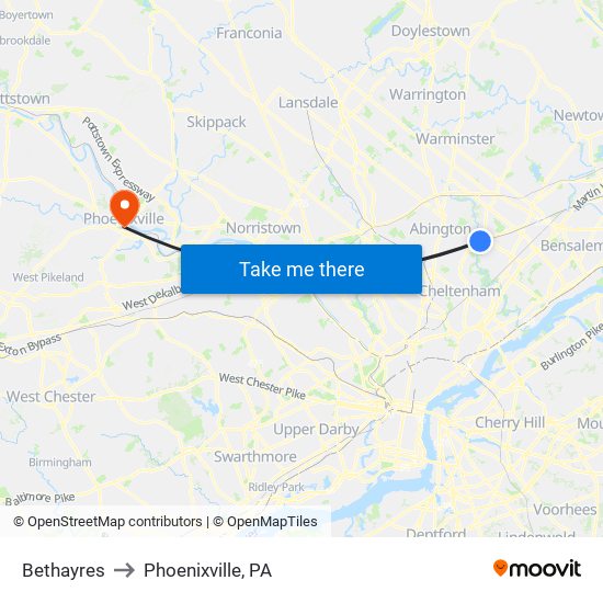 Bethayres to Phoenixville, PA map