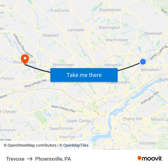 Trevose to Phoenixville, PA map