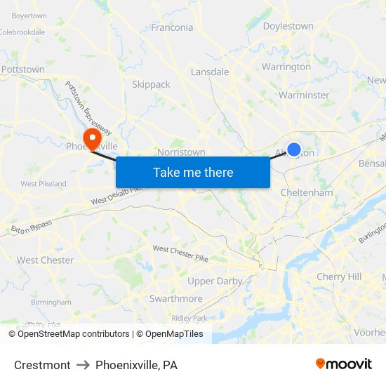 Crestmont to Phoenixville, PA map