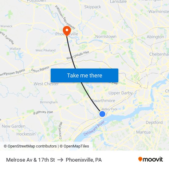 Melrose Av & 17th St to Phoenixville, PA map