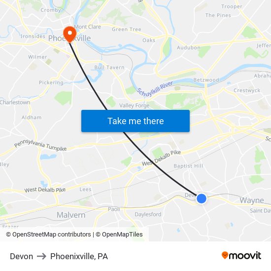 Devon to Phoenixville, PA map