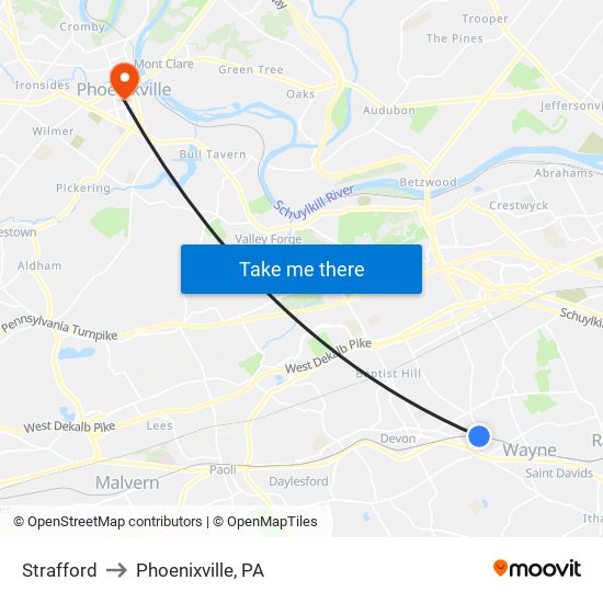 Strafford to Phoenixville, PA map