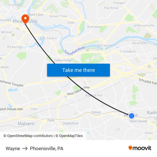 Wayne to Phoenixville, PA map