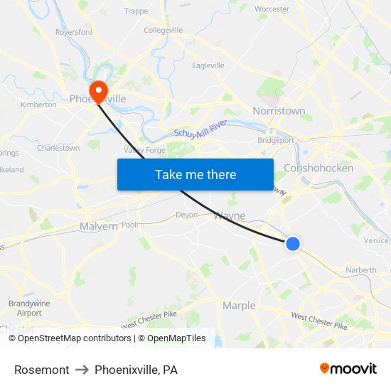 Rosemont to Phoenixville, PA map
